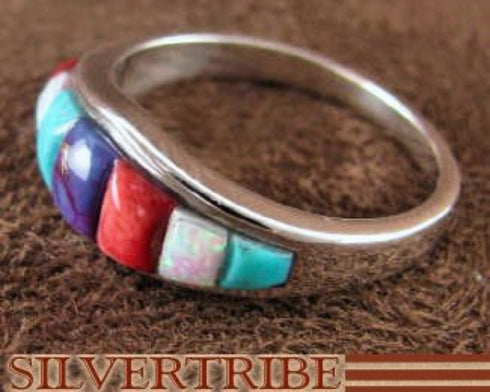 Silver Jewelry Turquoise And Multicolor Inlay Ring Size 7-3/4 RS37140
